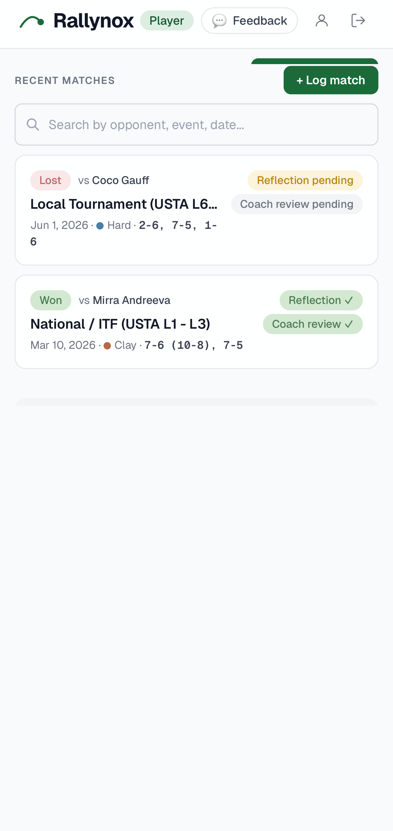 Parent inbox showing recent match reviews